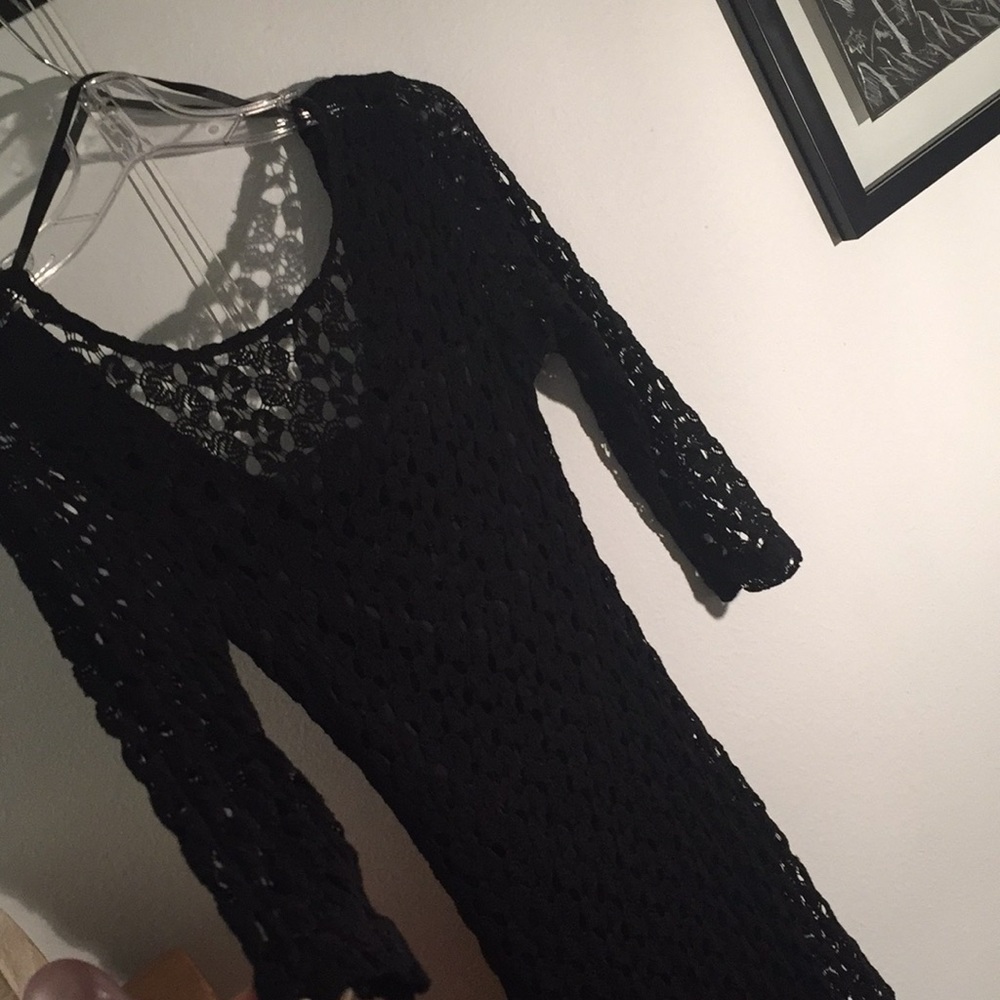Long black woven dress with sleeves and slip